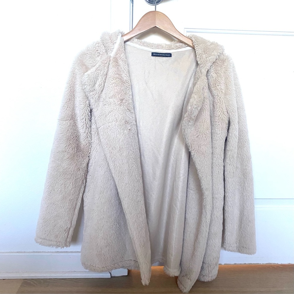 Brandy Melville Cream Teddy Hooded Faux Fur Jacket Coat - Picture 6 of 11
